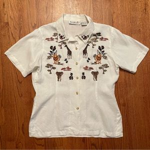 Peter Martin jungle animals embroidered on white linen button up shirt size 12